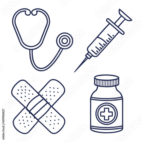 Medical icons set featuring stethoscope syringe bandages and medicine bottle