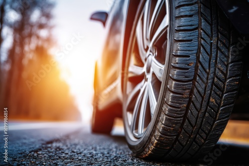 Wallpaper Mural A close-up of a car tire on an asphalt road at sunrise, highlighting tread details and the journey ahead Torontodigital.ca