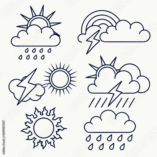Collection of weather icons including sun clouds rain lightning and rainbow
