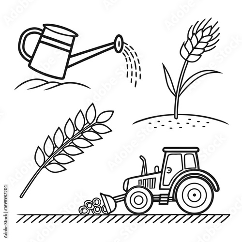 Farm life icons showing watering wheat and tractor plowing field