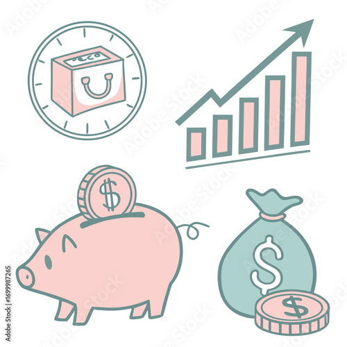 Financial growth and savings icons with piggy bank and money bag