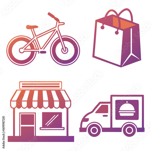 Set of icons representing delivery services and shopping
