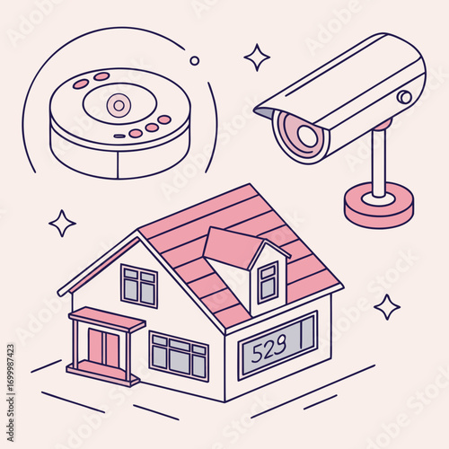 Modern home security system with surveillance camera and smart device