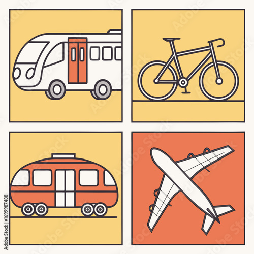 Set of four illustrations of different modes of transportation