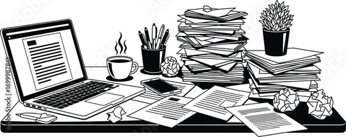 A cluttered desk with laptop, coffee, papers, pens, plant, and crumpled paper, in black and white line art