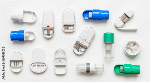 Collection of Various Inhaler Devices for Respiratory Medication Delivery, Emphasizing Design and Functionality, Intended for Medical Illustrations and Healthcare Presentations.