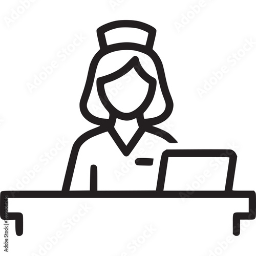 A friendly nurse stands behind a reception desk, ready to assist patients with a warm smile, in this isolated on white background line art icon illustration
