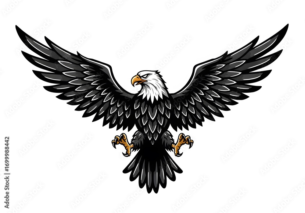 Fototapeta premium Stylized Black and White Eagle Illustration with Outstretched Wings on White Background