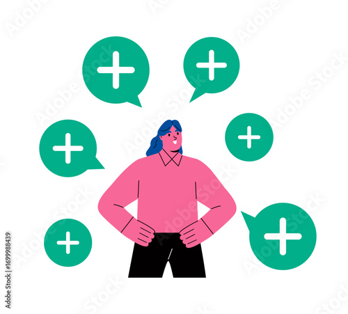 Business woman with positive thinking symbol. Positive thinking concept. Flat vector illustration isolated on white background