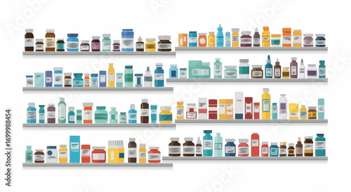 Pharmacy Shelves Filled with Diverse Medication Packaging for Pharmaceutical Industry, Health Awareness Campaigns and Medical Product Advertising
