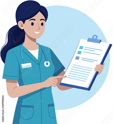 Female nurse writing on a medical clipboard
