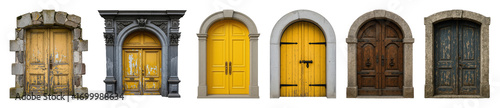 Vintage door set including arched, wooden, stone framed, painted, and weathered styles isolated. Architectural design elements and historical buildings resource.