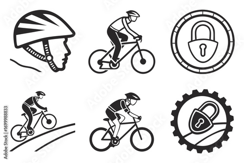 Collection of cycling icons including helmet cyclists and security locks
