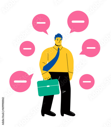 Business man with negative thinking symbol. Negative thinking concept. Flat vector illustration isolated on white background