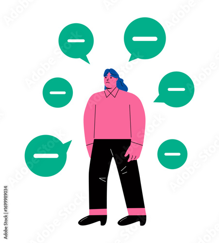 Business woman with negative thinking symbol. Negative thinking concept. Flat vector illustration isolated on white background