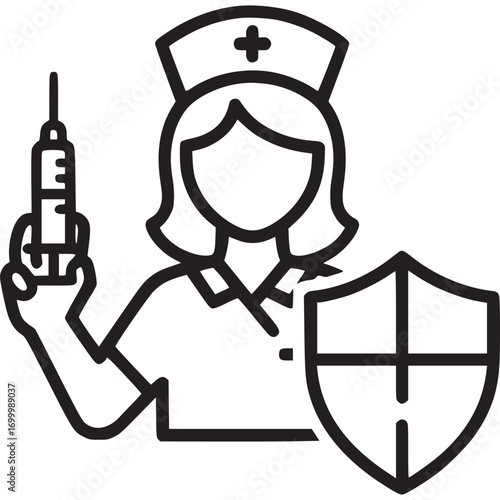 A dedicated nurse holding a syringe and protected by a shield, isolated on white background, symbolizing healthcare, vaccination, and the safeguarding of public health
