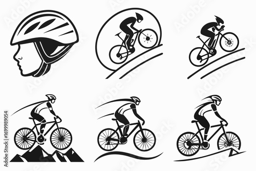 Collection of stylized cyclist icons and silhouette