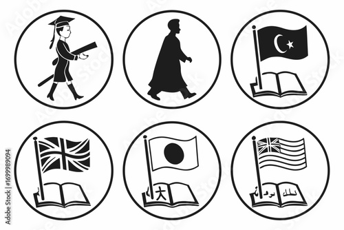 Set of icons representing education and international learning