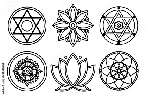 Collection of six geometric sacred symbols and mandalas