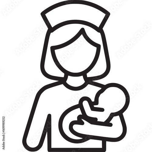 A nurse holding a baby isolated on white background, showcasing healthcare, pediatrics, and the nurturing bond between caregiver and infant in a minimalist line art style
