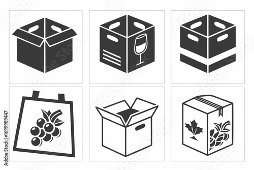 Collection of six icons representing different types of cardboard boxes and packaging
