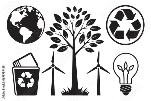 Collection of environmental icons representing sustainability and green energy