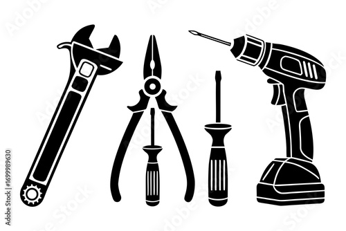Collection of black and white silhouette illustrations of various hand tools