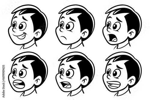 Cartoon boy faces showing different emotions and expressions