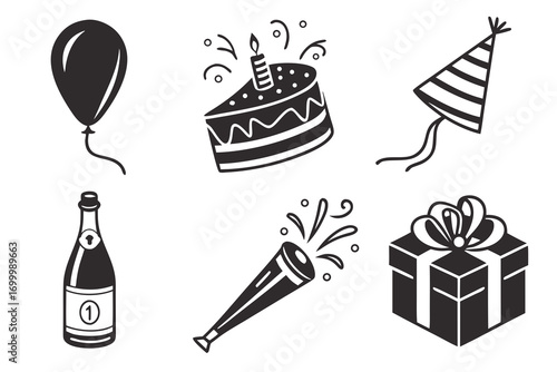 Collection of birthday party icons including a balloon cake hat bottle horn and gift
