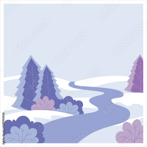 Flat Winter Forest with Road Vector Flat Illustration