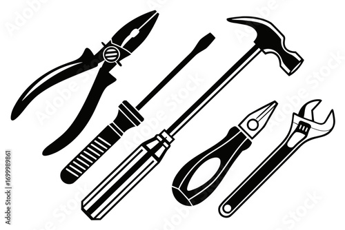 Collection of hand tools including pliers screwdrivers hammer and wrench