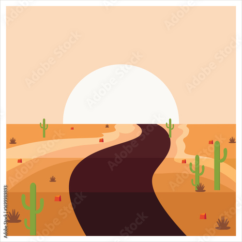 Flat Highway Desert Cartoon Vector Flat Illustration