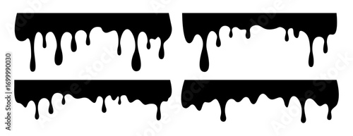 Set of black, dripping liquid borders in a clean, flat silhouette style. This vector collection of melting paint, ink, or chocolate drips is perfect for headers, frames