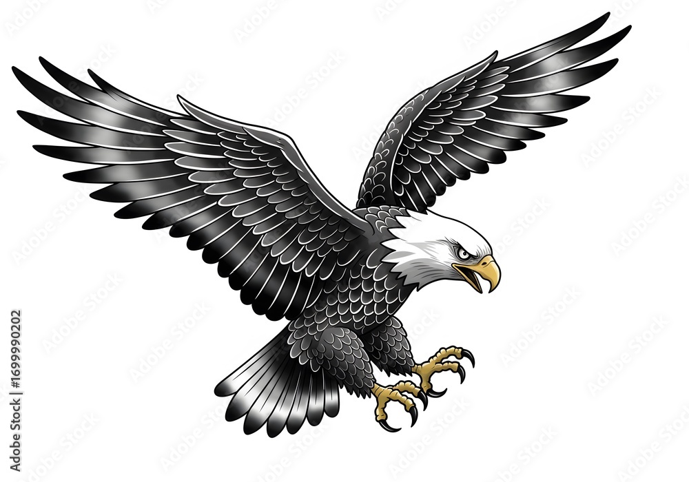 Obraz premium Sharp Black and White Eagle in Flight with Spread Wings on White Background