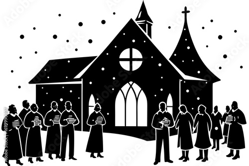 Group of people singing carols outside snowy church,  Christmas night silhouette vector illustration
