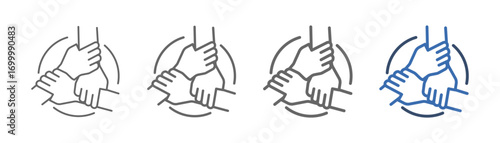 
outline icon set united with three hands holding each other tightly