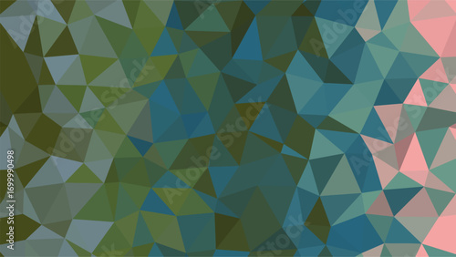 Abstract low poly background with a gradient of dark green blue and pink geometric polygon