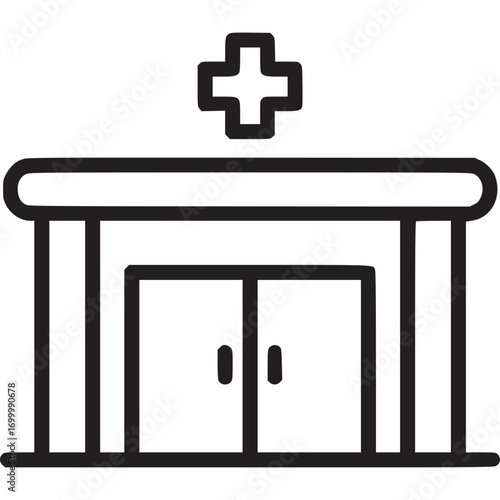 Hospital entrance with doors and cross symbol isolated on white background clinic building facade for medical care, emergency services, and healthcare facility access