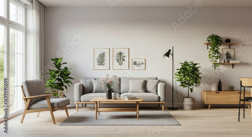 Modern minimalist living room  Scandinavian design  daylight  plants and wooden furniture