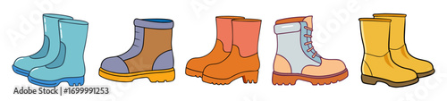Variety of cartoon style boots in different colors and designs together