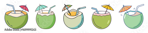 Collection of Five Tropical Coconut Drinks with Straws and Colorful Umbrellas