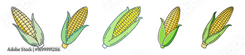 Five ears of corn with green husks displayed in a row