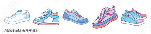 Collection of colorful sneaker shoe line art design illustrations for various uses
