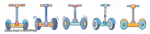 Group of Colorful Segways in a Cartoon Style on a White Background