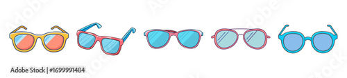 Assorted sunglasses with colorful frames and lenses designed for summer fashion