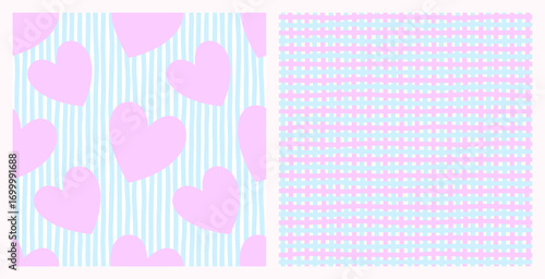 Minimalist contemporary seamless pattern set with hand drawn doodle mesh and Hearts. The texture of the festive background for Valentine's day, romantic wedding design. Cute Childish Wallpaper for nur
