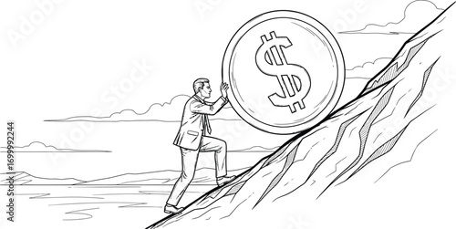 A man in a suit pushing a large dollar coin up a steep rocky hill with a landscape in the background