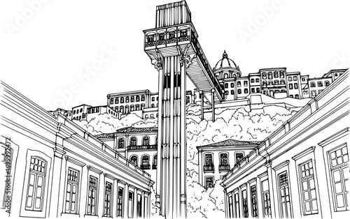 Building view with landmark of Salvador is the municipality in Brazil. Hand drawn sketch illustration in vector 