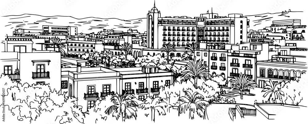 Fototapeta premium Building view with landmark of Puerto Rico de Gran Canaria is a holiday resort Spanish island in Gran Canaria. Hand drawn sketch illustration in vector.