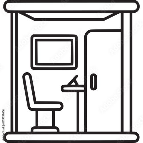 A minimalist line drawing of a phone booth, isolated on white background the booth contains a chair, table, and phone, offering a private space for communication